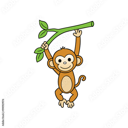 Cute monkey cartoon hanging on green branch with leaves illustration