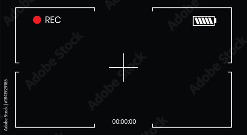 Camera recording screen with red REC button and battery indicator, modern camcorder display