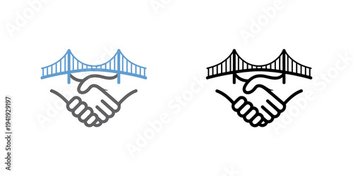 Handshake under bridge icon in blue and black on white background