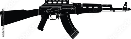 Assault rifle silhouette illustration vector military firearm weapon design graphics, curved magazine AK style concept, black and white creative art collection