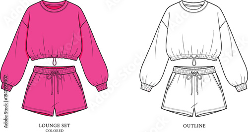 Women pink lounge set vector, cropped sweatshirt and shorts mockup, fashion technical flat sketch