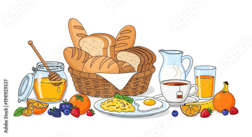 Delicious breakfast spread with fresh fruits bread and beverages on a table
