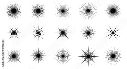 A collection of abstract starburst shapes arranged on a plain white background silhouette high quality professional