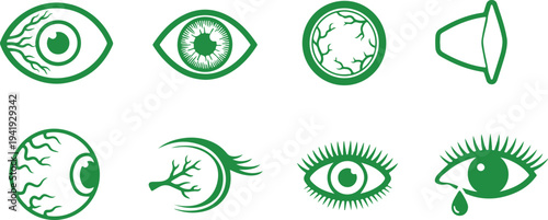 Set of medical and anatomical eye condition icons featuring tears watering eye irritation vision problems symbols isolated design