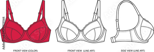 Women's bra technical sketch with front and side views, lingerie fashion design CAD illustration set.