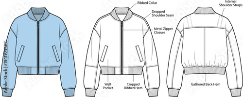 Bomber jacket technical sketch with flat lay front and back views, fashion design CAD illustration with callouts.