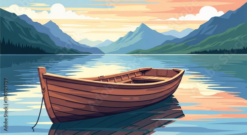 Serene wooden boat floats on calm lake water with majestic mountains at sunset