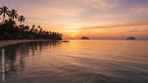 Serene Sunset Over Tropical Beach with Calm Waters and Silhouetted Palm Trees.