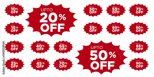 Red Sale Discount Badge Set Percentage Off Sticker Label 10 to 90 Percent Starburst Tag Shopping Retail E-commerce Promotion Vector Icon Collection