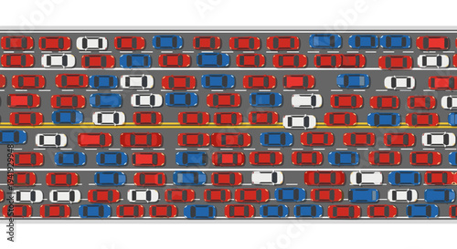 Colorful overhead view of dense traffic jam on a highway