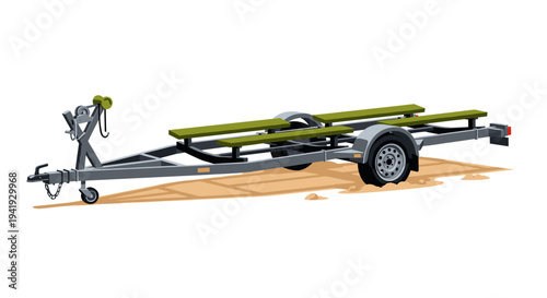 Flat boat trailer on sandy terrain with highlighted wheels and hitch