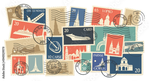 Vintage travel stamps collection with iconic landmarks and postmarks