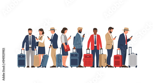Diverse travelers in line using smartphones with luggage