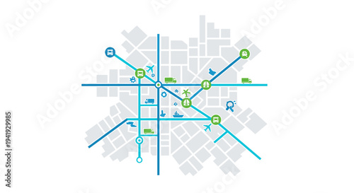 Urban transportation map with transport icons in a simplified layout