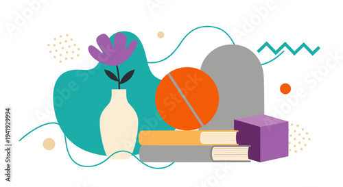 Modern minimalist abstract art with geometric shapes and books in vibrant colors