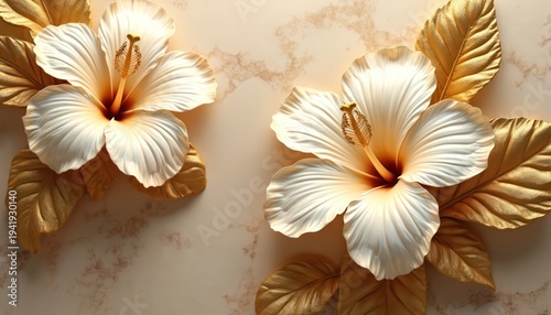 Two white hibiscus flowers with gold leaves on beige textured wall. Elegant floral art decor. Luxury botanical design element. Sophisticated natural background pattern.