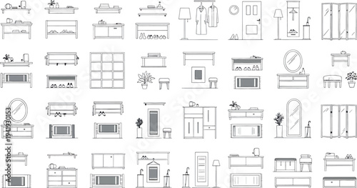 Collection of various architectural details and furniture designs isolated on transparent background