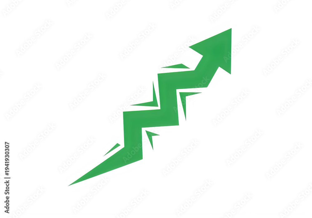 Obraz premium A green arrow pointing upwards with a zigzag pattern isolated on transparent background