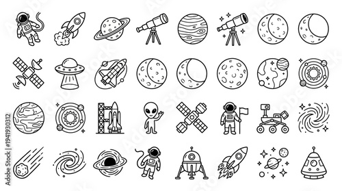 Collection of Simple Line Drawings of Space and Astronomy Icons.