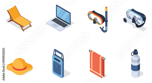 Isometric summer objects collection featuring beach essentials and gadgets