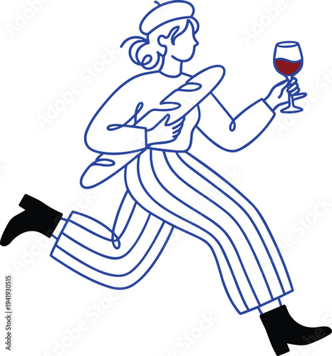 Running woman with baguette and red wine glass, minimalist blue line art illustration, French lifestyle concept, modern vector character design