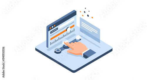 Isometric audio mixing software interface with hand adjusting controls