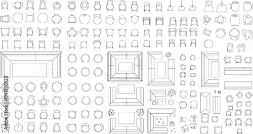 A collection of various architectural line drawing elements isolated on transparent background