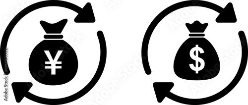 Currency exchange between yen and dollar money bags