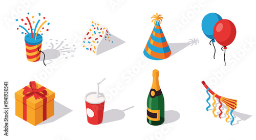 Isometric party celebration icons with confetti, balloons, and party hats
