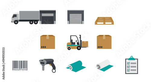 Warehouse logistics icons: delivery truck, forklift, pallet, barcode, and checklist illustrations