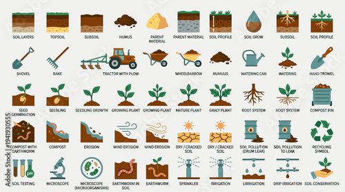 Collection of icons related to gardening and agriculture.