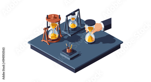 Time management concept with isometric hourglasses and office desk accessories