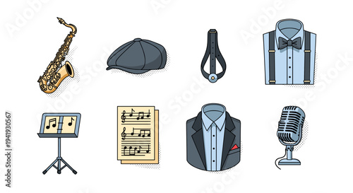 Jazz ensemble icons: instruments, apparel, and accessories with a retro vibe