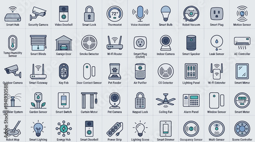 Collection of various technology and security icons in blue on a grid.