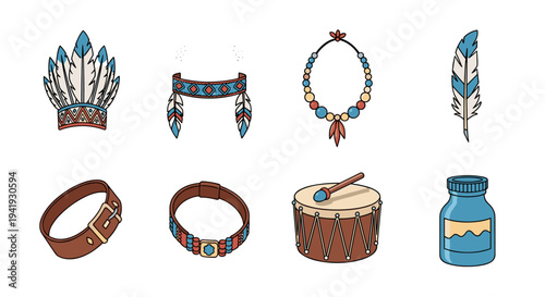 Native american style accessories: headdress, drum, feather, jewelry set