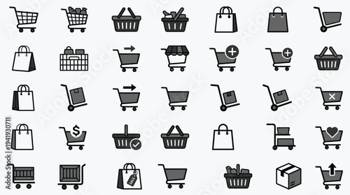 Collection of various shopping cart and basket icons in black on white background.