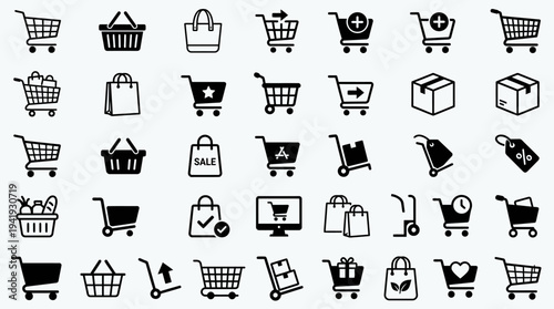 Collection of black shopping cart and bag icons on white background.