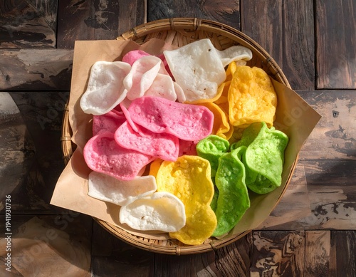 Assorted Traditional Indonesian Crackers Krupuk, Colorful Crispy Asian Snack Collection