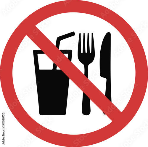No eating and drinking sign ban on food forbidden black in red circle isolated on white background vector illustration