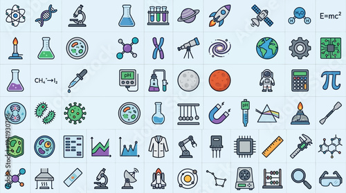 Collection of Science and Technology Icons Featuring Laboratory Equipment and Symbols.