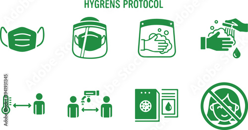 Hygiene protocol infographic icons showing face mask use hand sanitizing protective face shield social distancing and cleanliness measures