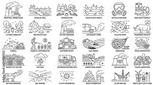 Collection of simple black and white icons representing various environmental and industrial themes.