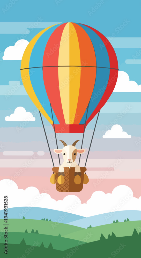 Fototapeta premium Bright hot air balloon with cute goat, year of goat illustration. Flat design shows horned goat in basket, cheerful symbol for Chinese New Year, upcoming year of goat. Cards, calendars,