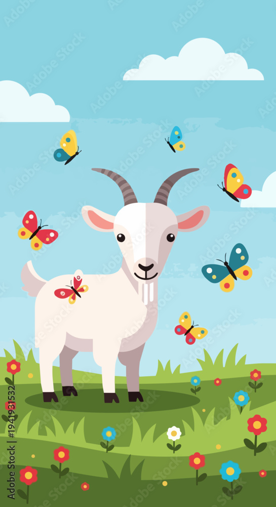 Fototapeta premium Goat illustration standing in green meadow among colorful butterflies. White goat illustration with horns and beard, surrounded by blooming flowers under a bright blue sky.