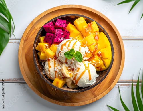 Banana Split Dessert in Coconut Bowl Topped with Tropical Fruits, Fresh Exotic Summer Treat