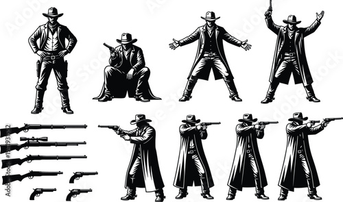 Cowboy character silhouettes in western poses with firearms, rifles, pistols, hat, boots, coat, vector illustration for wild west themed artwork