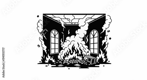A room engulfed in flames with smoke billowing towards the ceiling