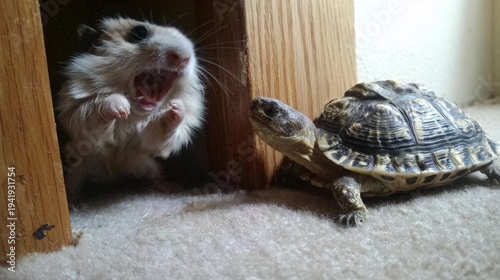 A hamster and a turtle are in a room. The hamster is in a hole and the turtle is on the floor
