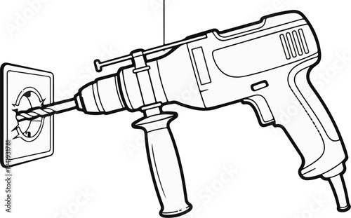 A rotary hammer drill is shown drilling into a wall with directional arrows