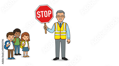 A friendly school crossing guard in a yellow vest holds a stop sign while three diverse children wait to cross the street safely.